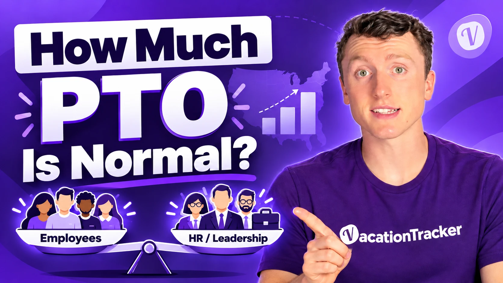 How much PTO is normal? Employees and HR leadership weighed on a scale, with a US map and a rising bar chart