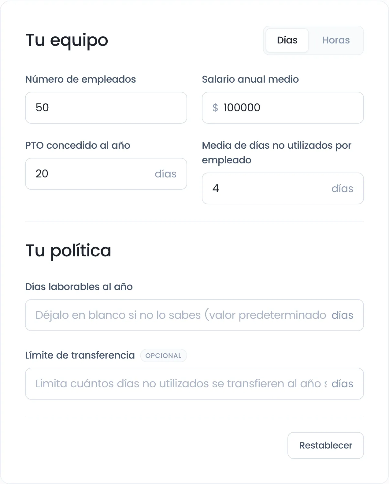 Calculadora de pasivo por PTO con 50 empleados, salario medio de 100.000 $, 20 días de PTO y 4 días sin usar