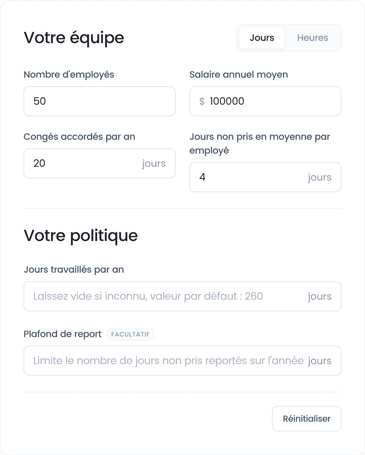 Calculateur de passif de congés rempli pour 50 employés, salaire moyen de 100 000 $, 20 jours de congés et 4 jours non pris