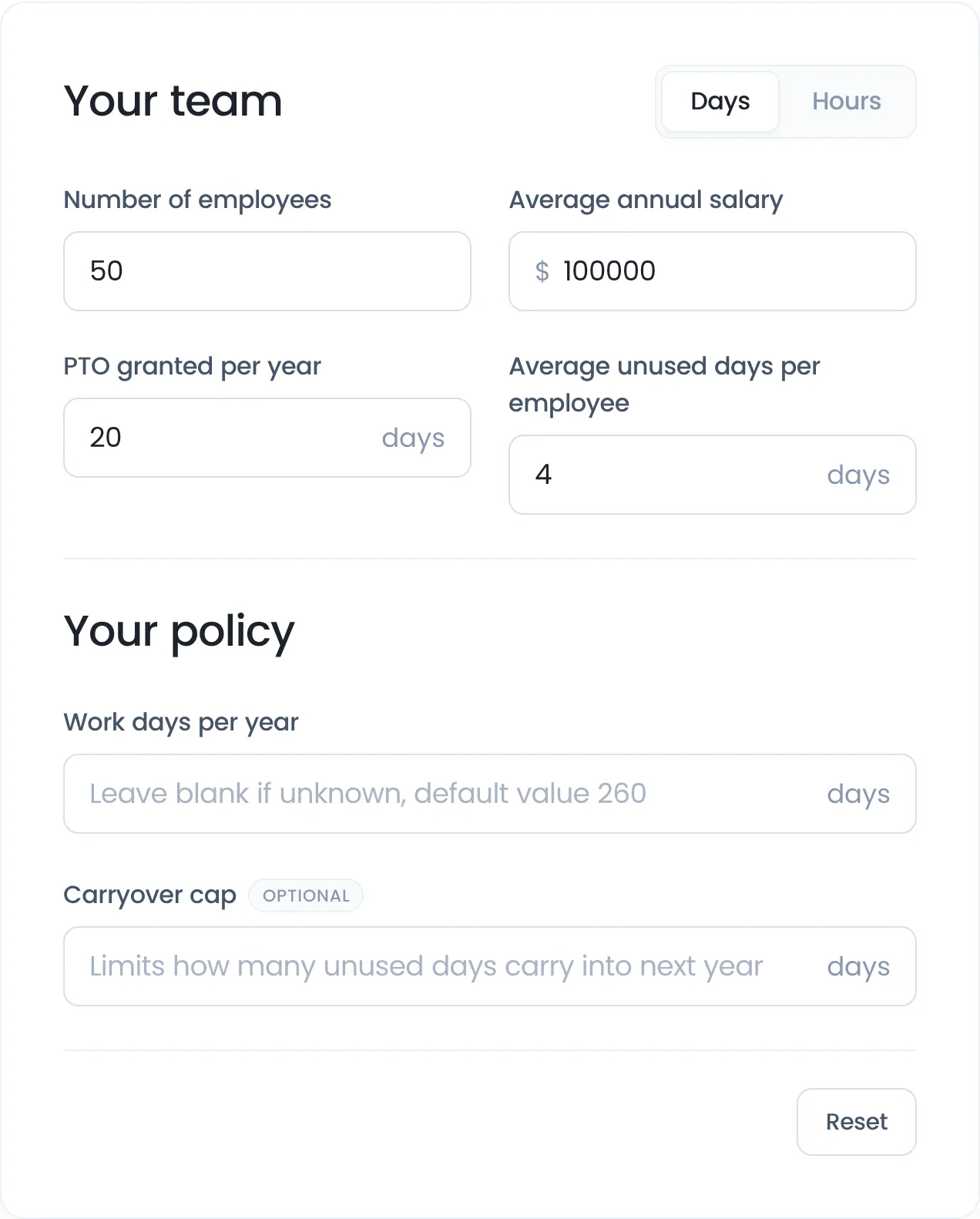 PTO liability calculator filled in for 50 employees, $100,000 average salary, 20 PTO days and 4 unused days