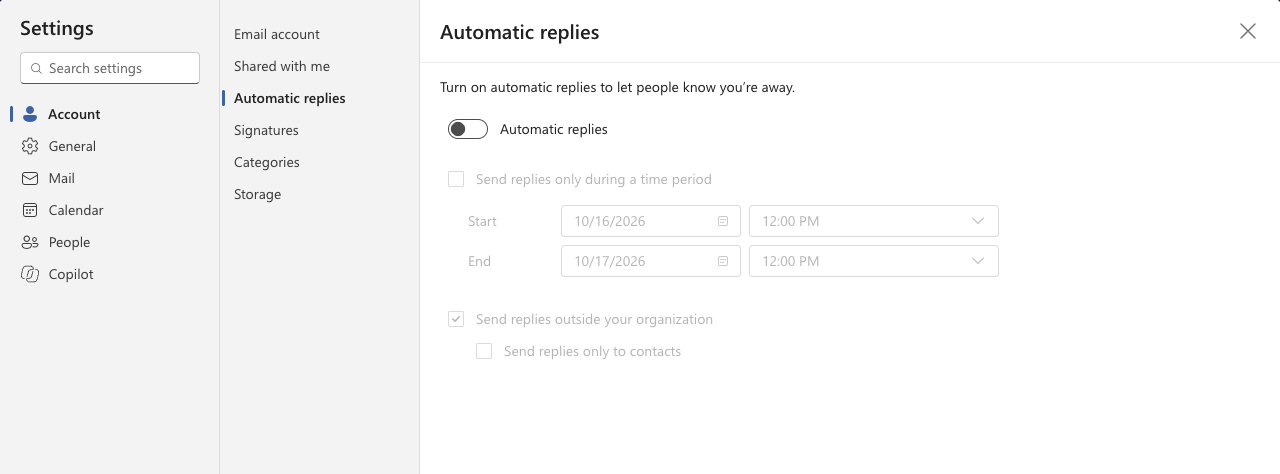 Configuración de Outlook con Respuestas automáticas seleccionado