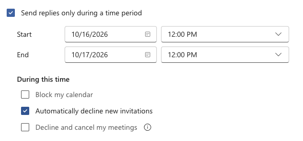 Respuestas automáticas de Outlook programadas para un período, con opciones para bloquear el calendario y rechazar invitaciones