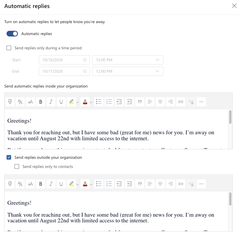 Respuestas automáticas activadas en Outlook con mensajes distintos para dentro y fuera de la organización
