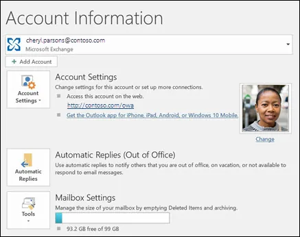 Page Informations sur le compte d'Outlook classique avec Réponses automatiques