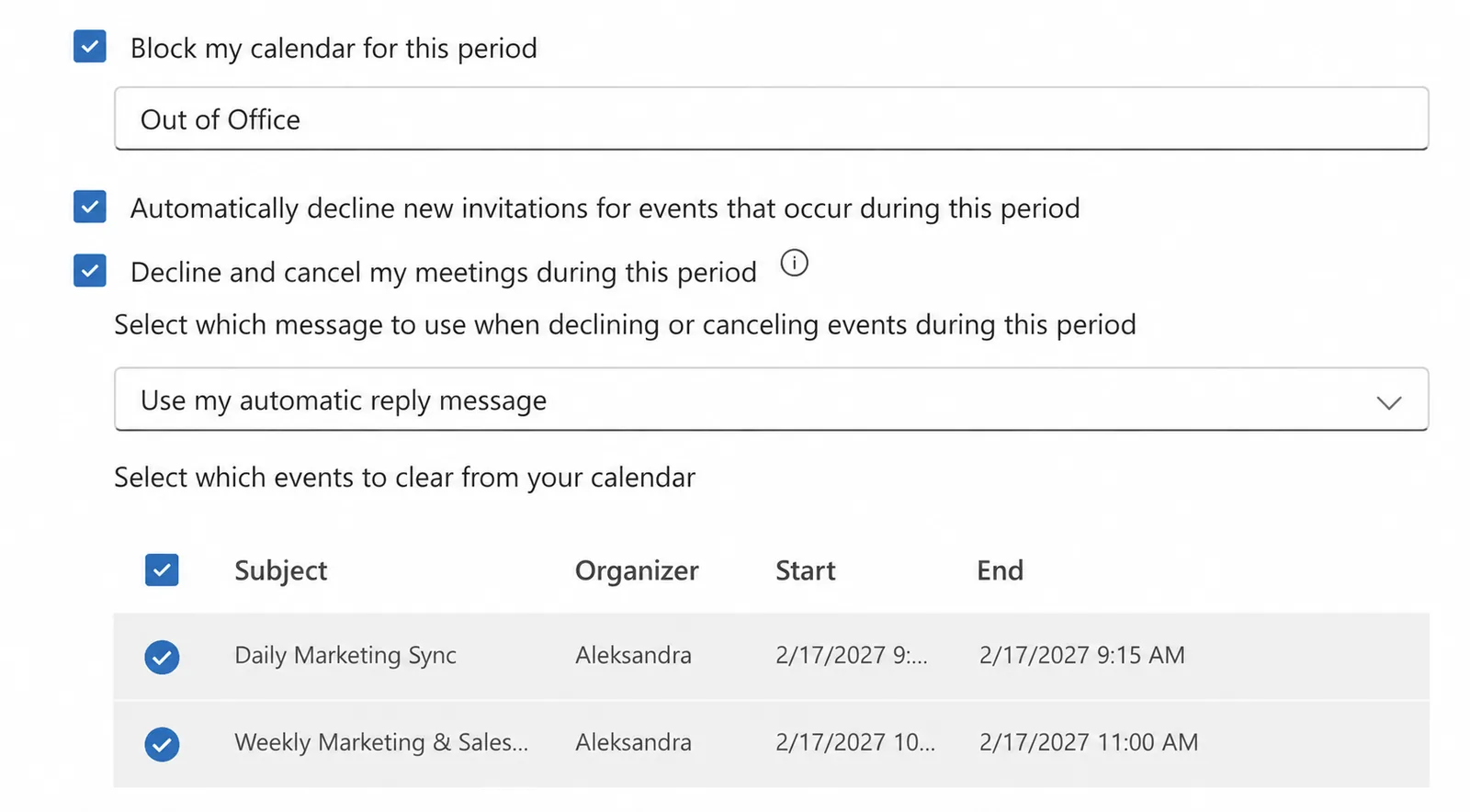 Options des réponses automatiques du nouvel Outlook pour février 2027 : bloquer le calendrier, refuser les invitations et annuler les réunions