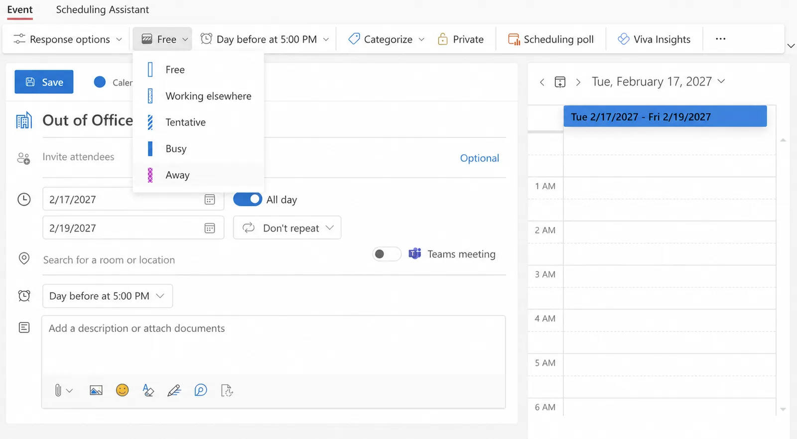 Événement du nouvel Outlook du 17 au 19 février 2027 avec le menu de disponibilité ouvert