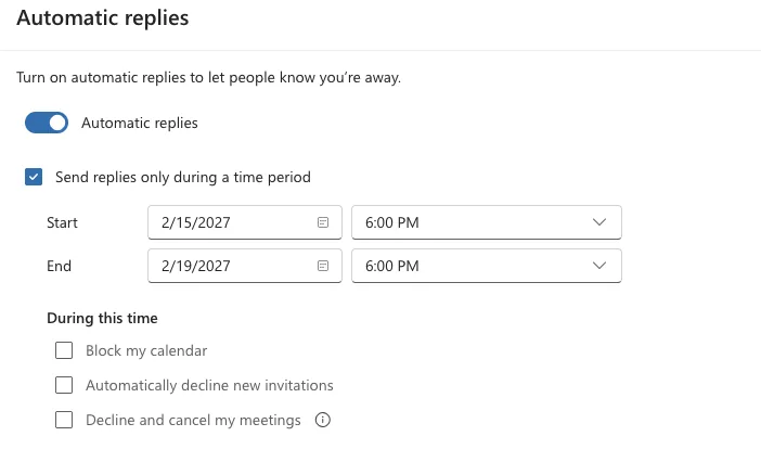 Réponses automatiques activées dans le nouvel Outlook et programmées du 15 au 19 février 2027