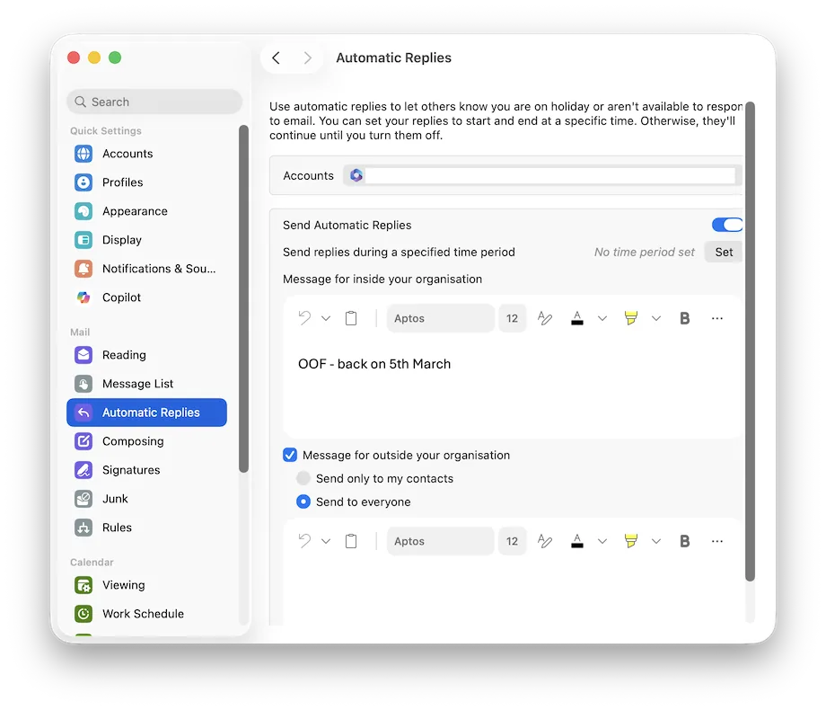 Réponses automatiques d'Outlook pour Mac en 2027, avec l'envoi automatique activé