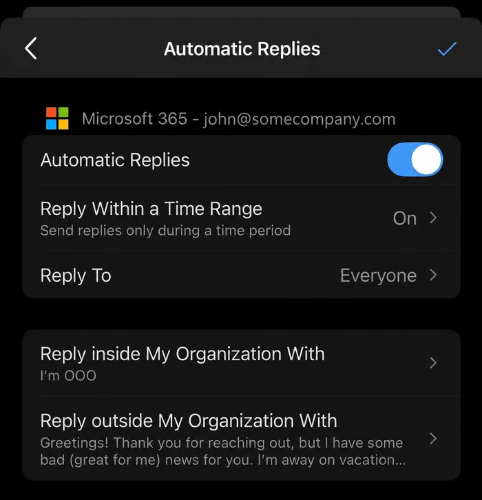 Réponses automatiques activées dans Outlook mobile avec une période définie pour 2027