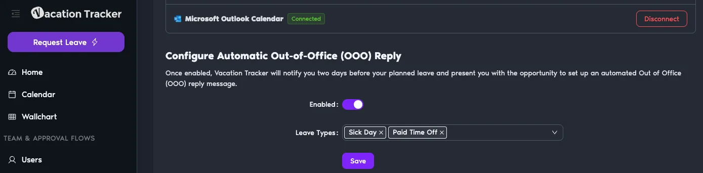 Réglage de la réponse automatique Vacation Tracker pour les congés validés, 2027