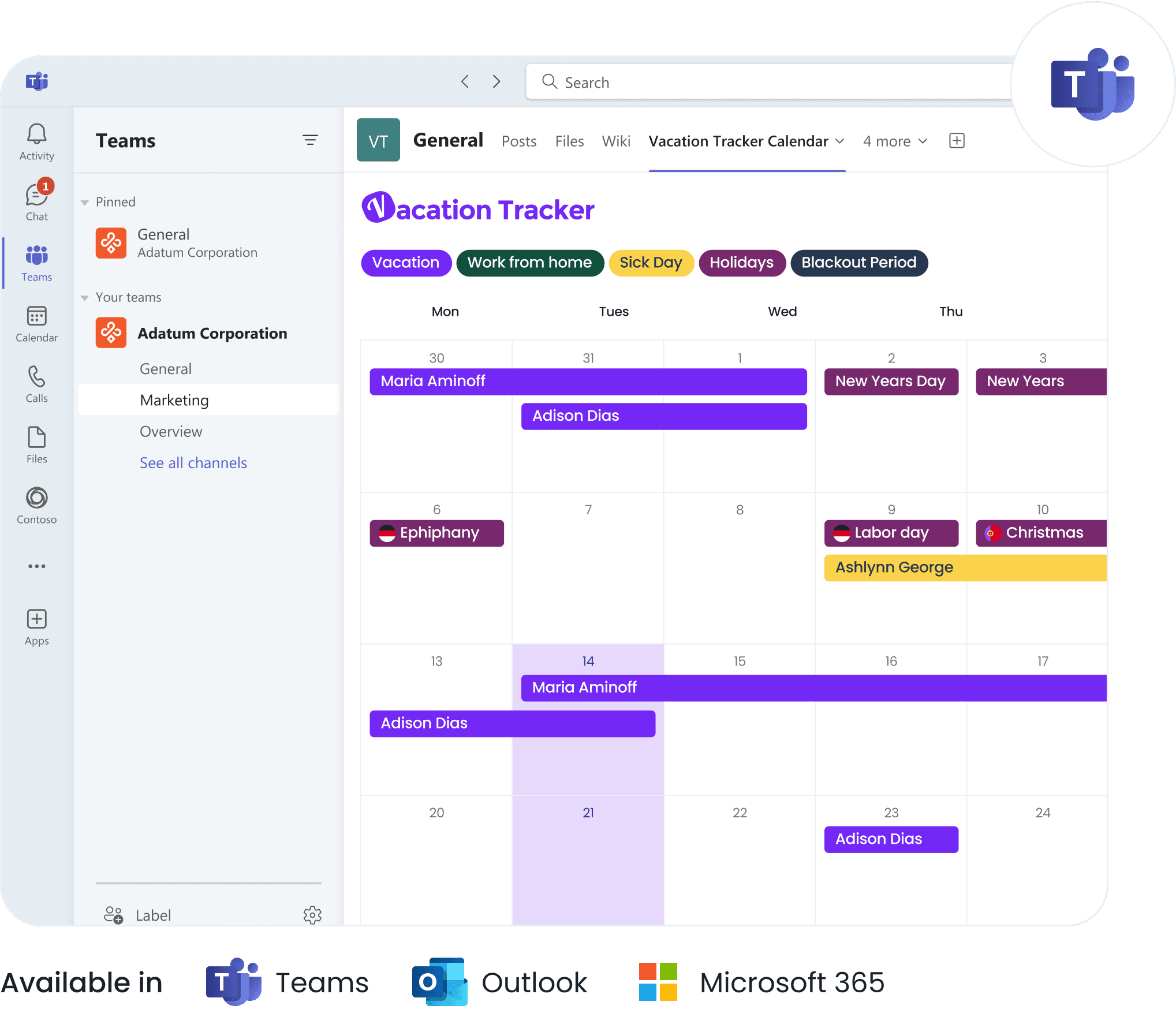 Vacation Tracker vacation calendar in Microsoft Teams showing employee time off, sick days and public holidays.