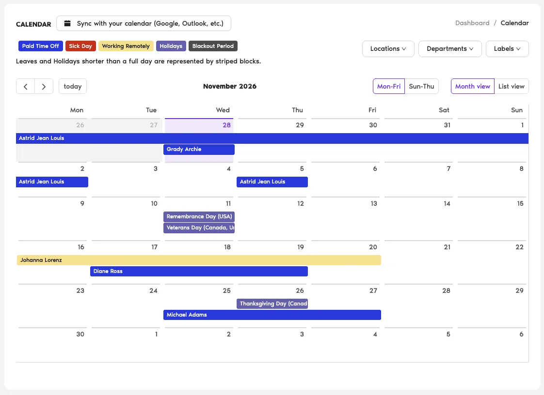 Vacation Tracker calendar showing leave and public holidays across several countries in one view