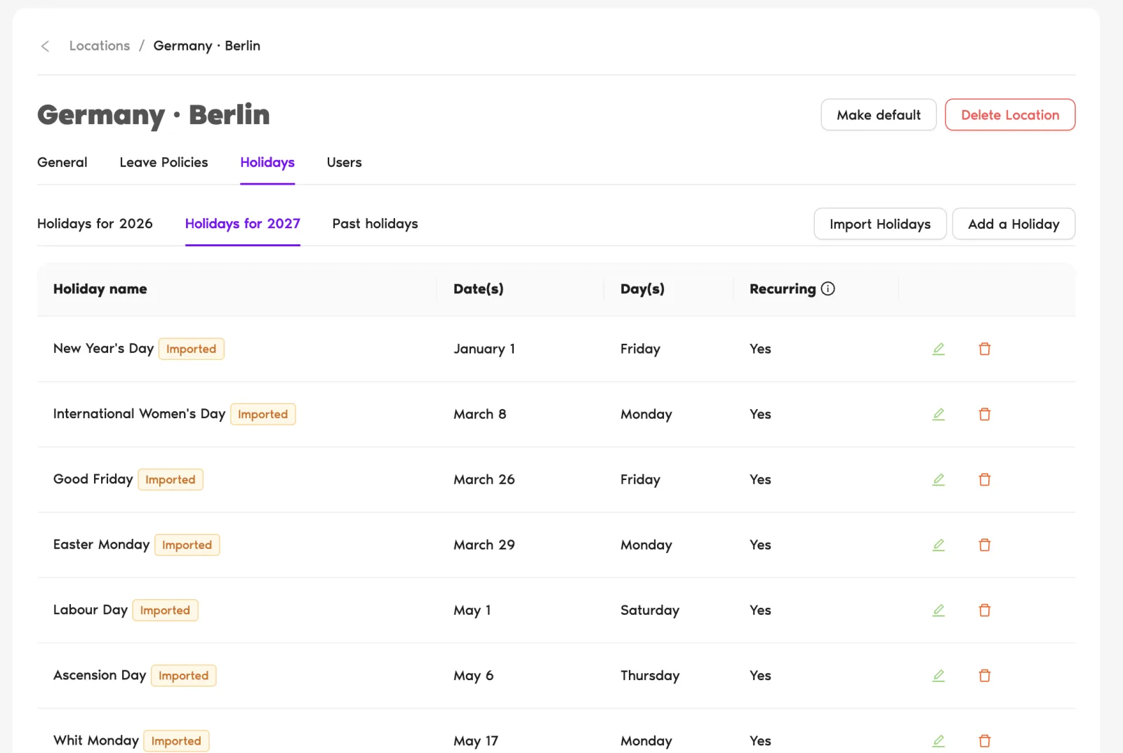 Importing 2027 public holidays for the Germany · Berlin location in Vacation Tracker