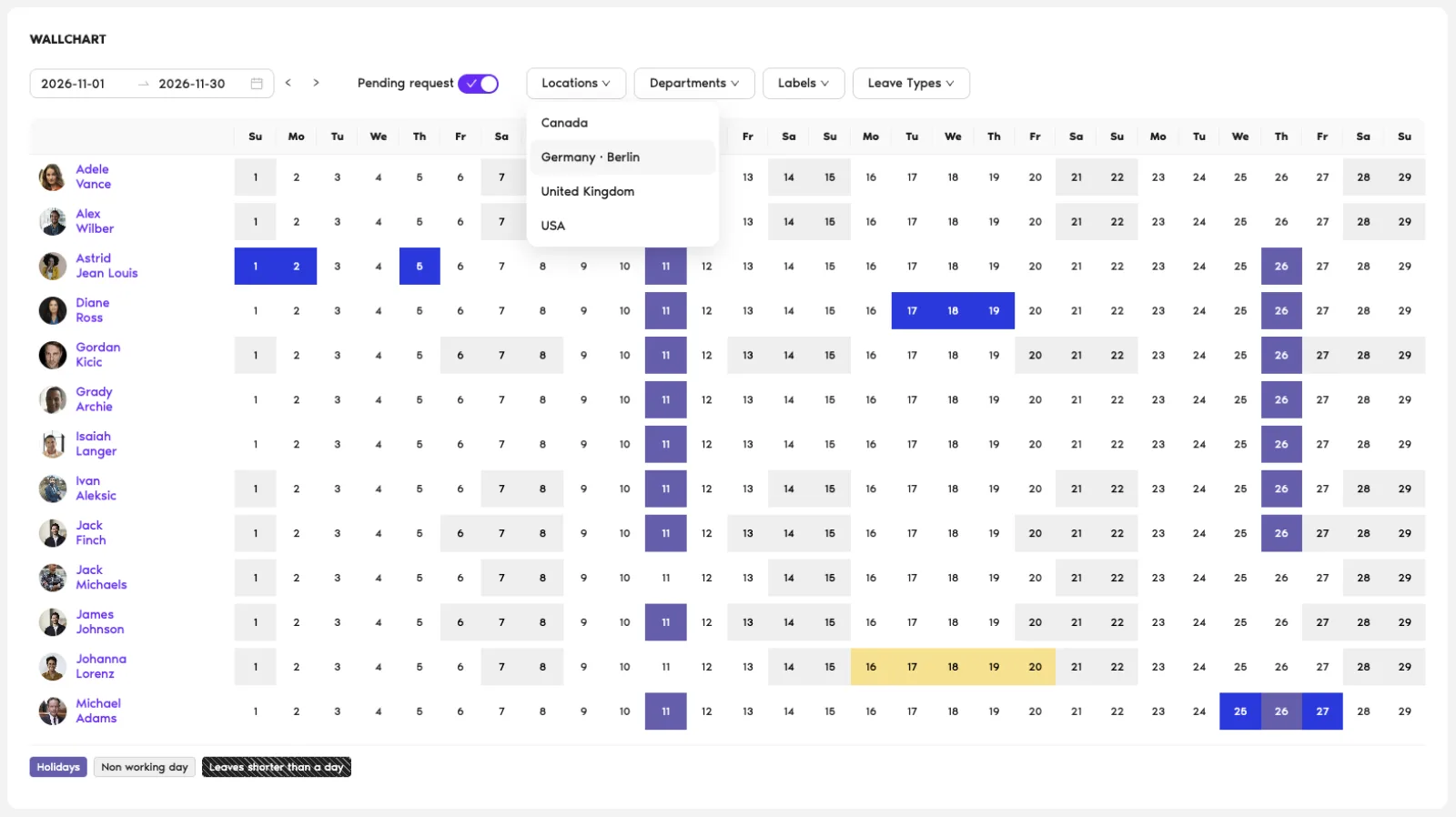 Vacation Tracker wallchart filtered by location, showing leave and public holidays for one month