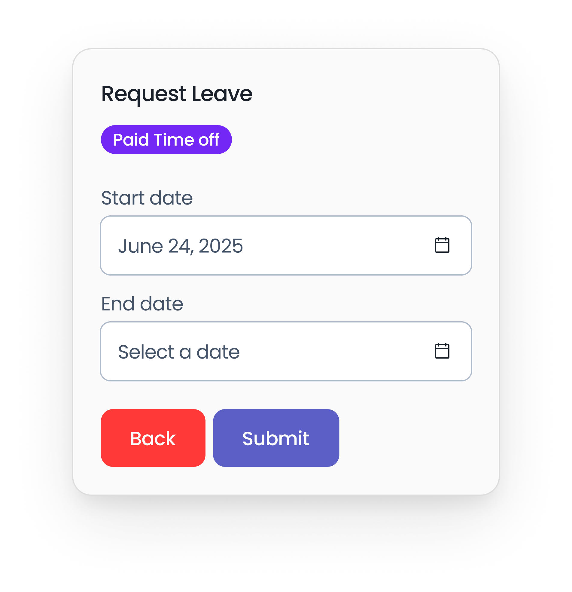Request leave form with start and end dates