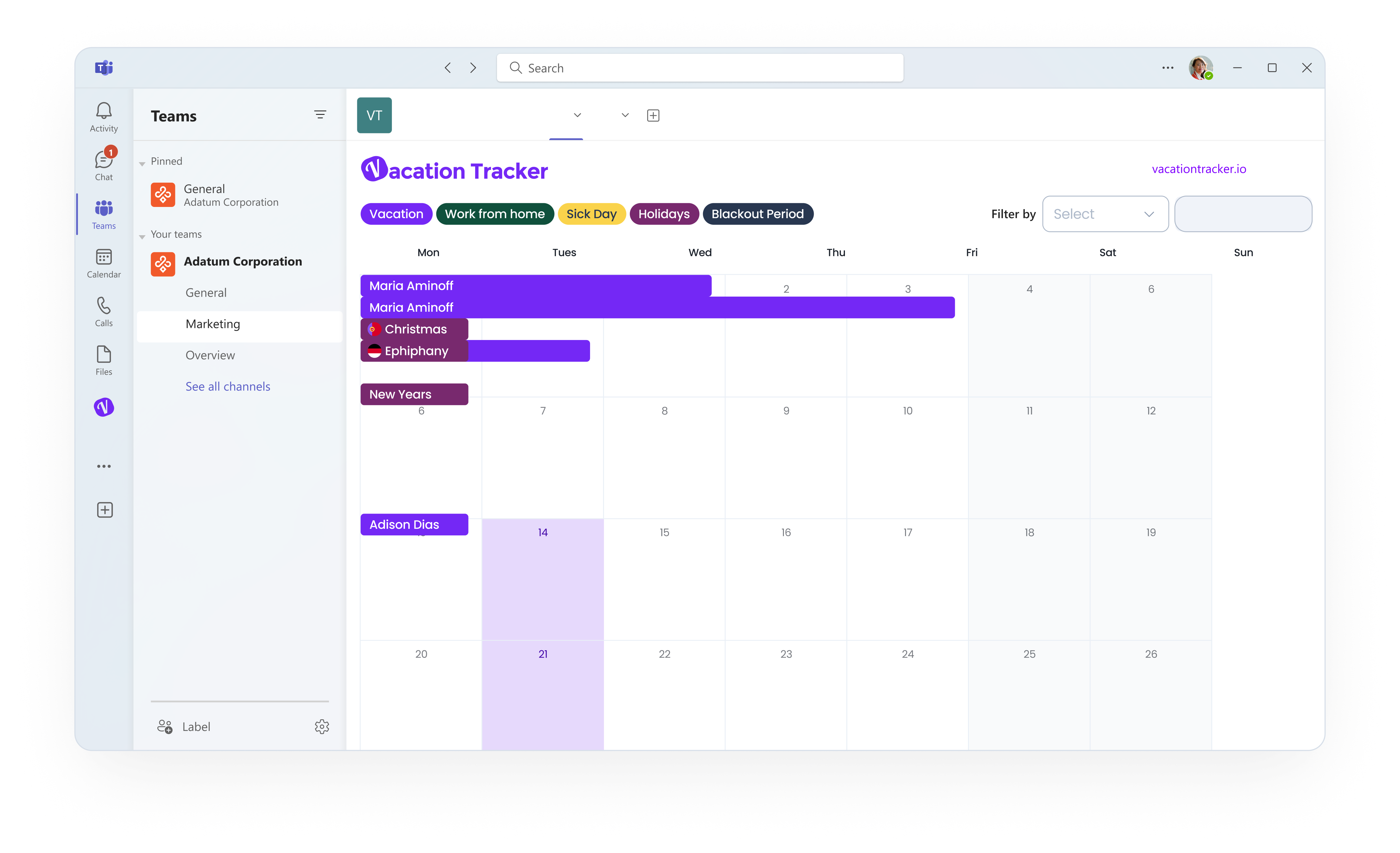 Vacation Tracker calendar inside Microsoft Teams