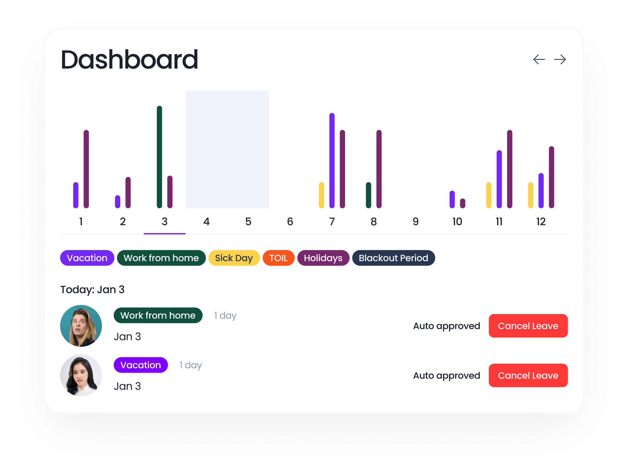 Vacation Tracker dashboard with leave breakdown by day