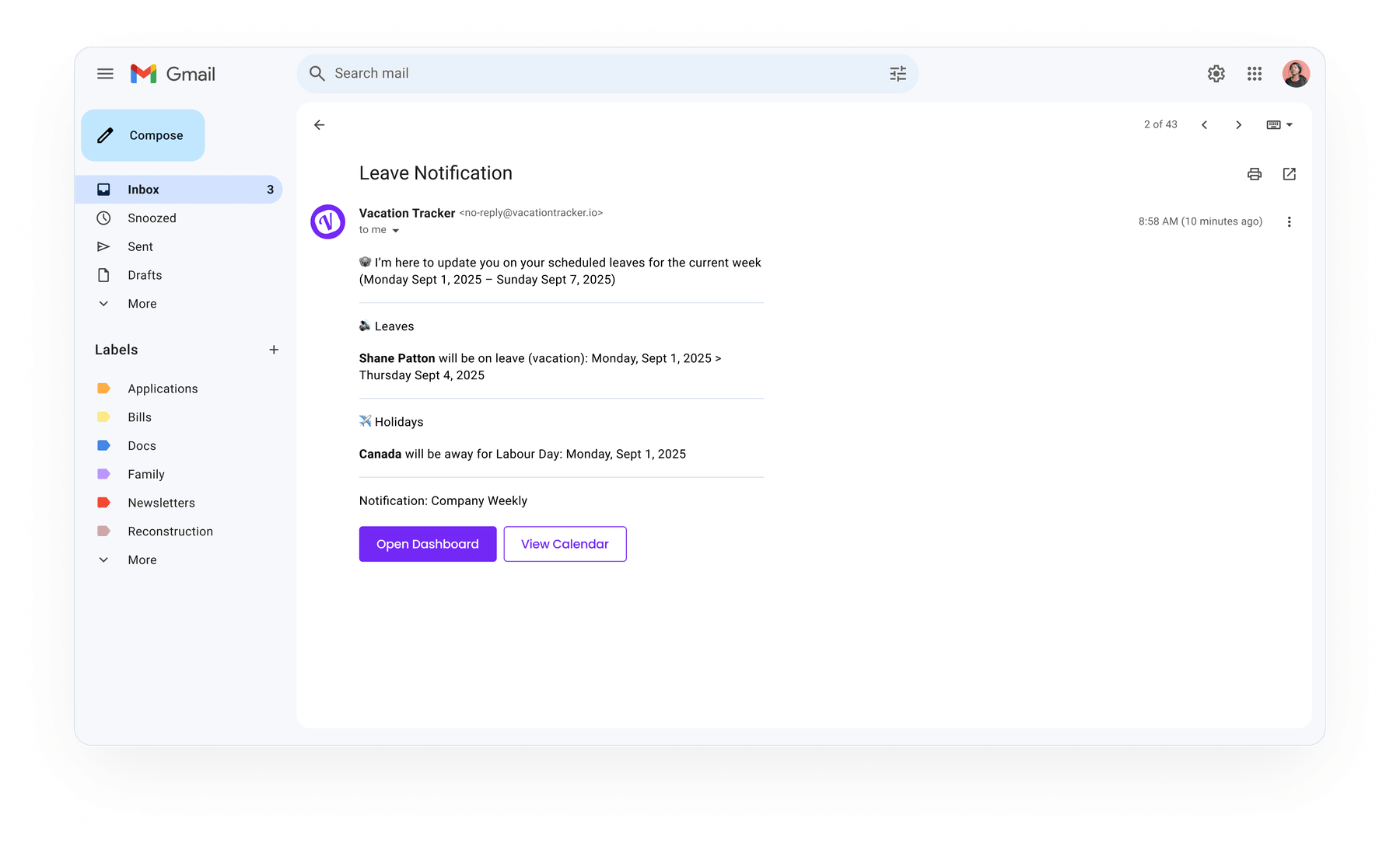Vacation Tracker leave notification in Gmail