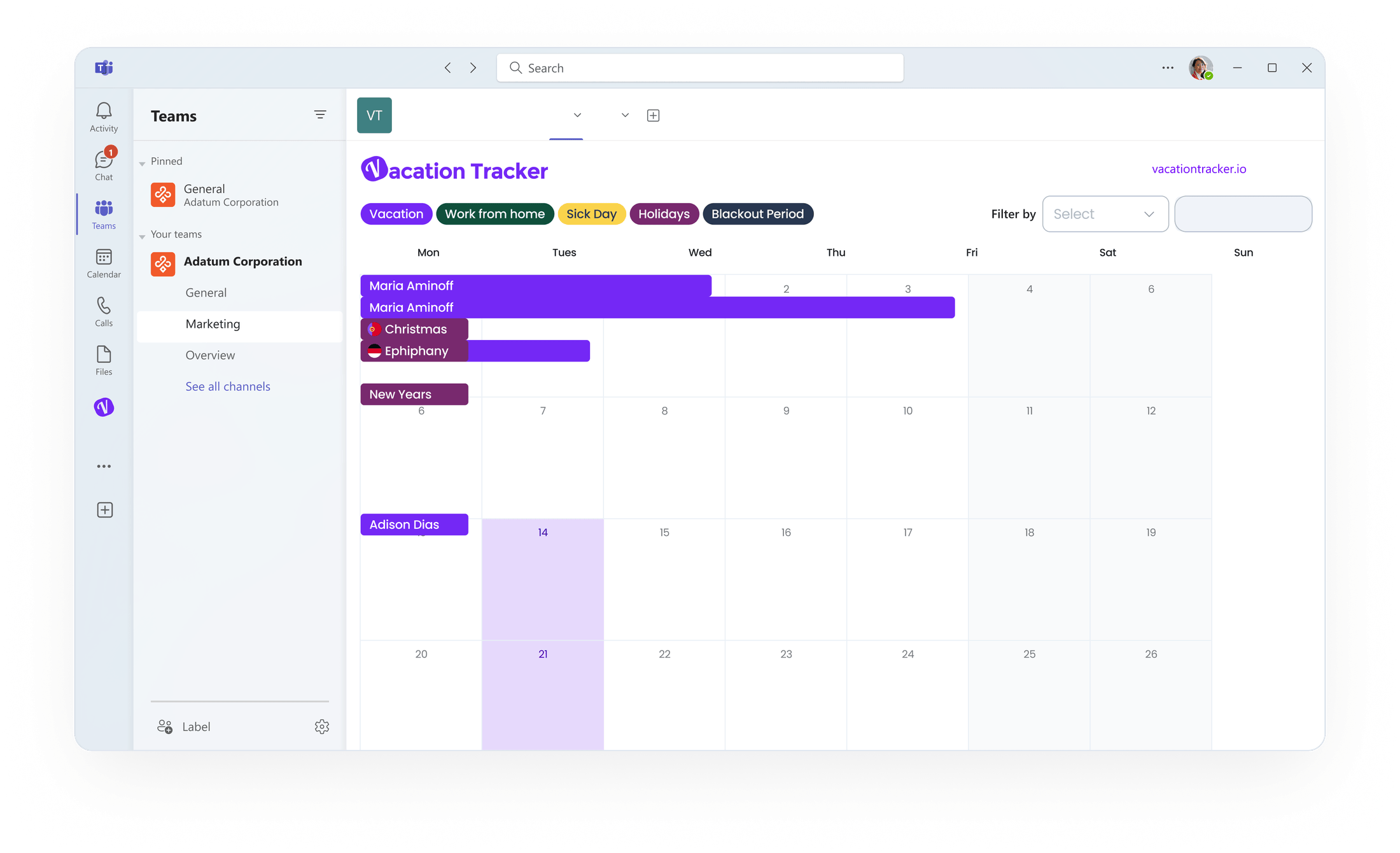 Vacation Tracker team calendar inside Microsoft Teams