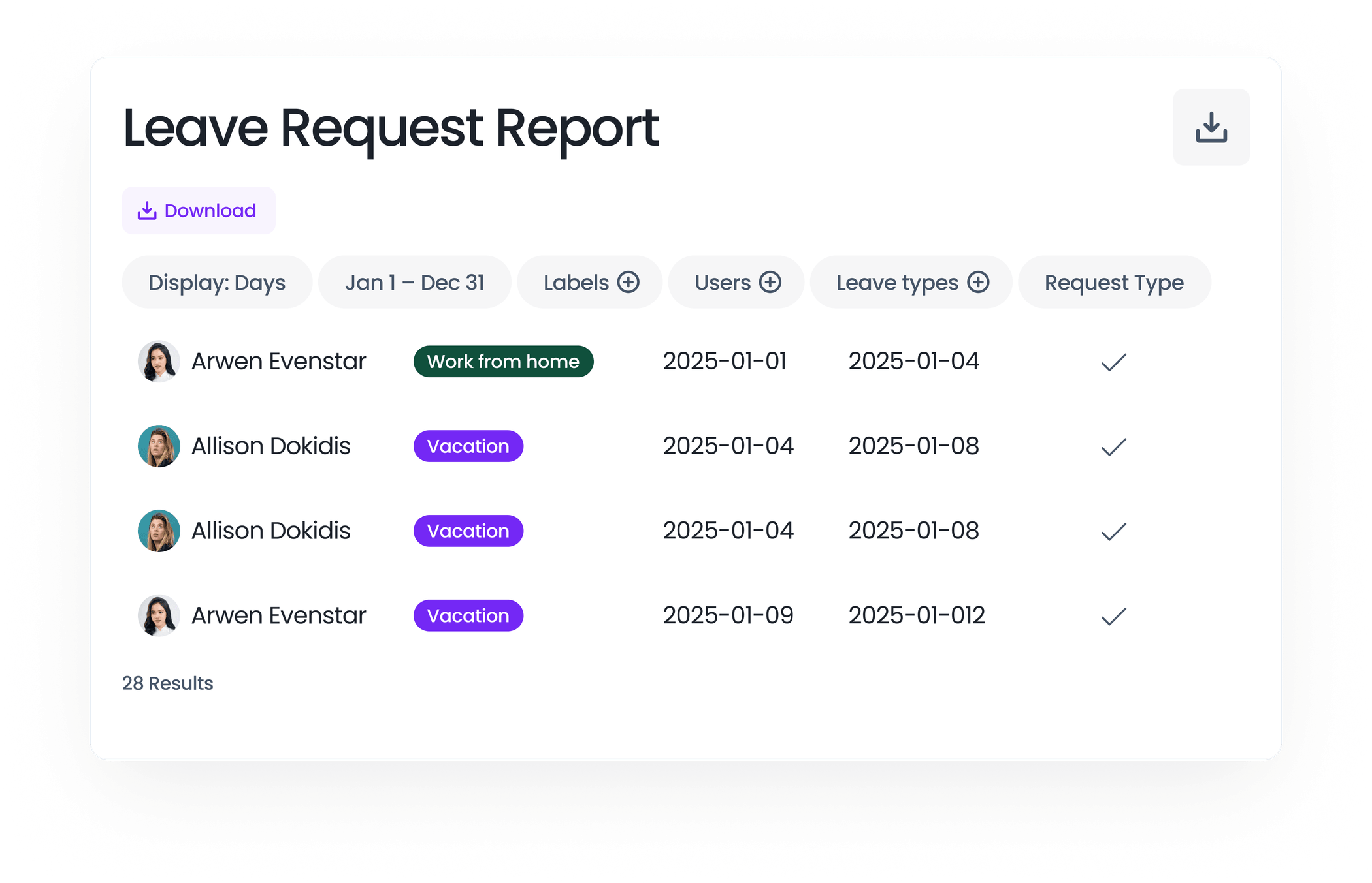 Leave request report with users, leave types, and dates
