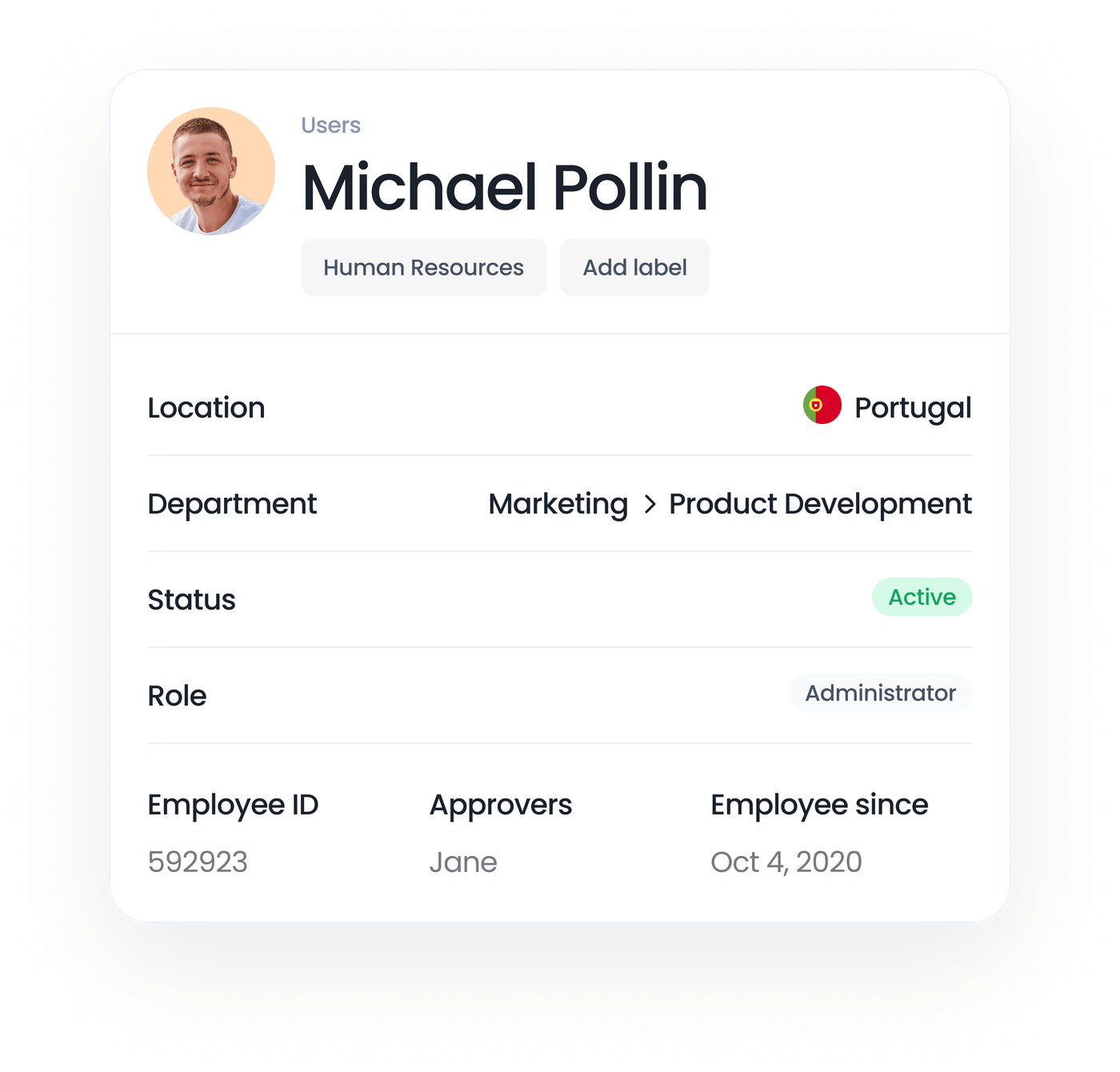 Employee profile with location, department, and role